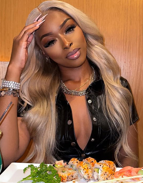 Nicola- Golden Ash Blonde 38 Inch Long Length Body Wave Glueless 13x6 Lace Front Wig Pre Cut Lace