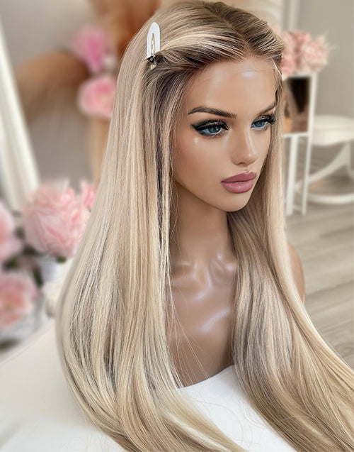 Isla-Highlights Ash Blonde Straight Wig 13x4 Frontal Lace Wig Glueless Human Hair Wig