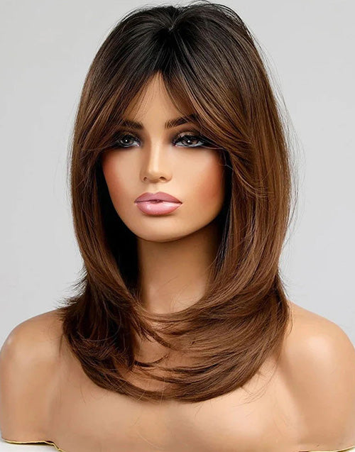 Hilda- Smart-Fit Pull Go Glueless Ombre Chestnut Brown Mid Length Wig Curtain Bangs Layered Cut Straight 13x5 Pre Cut Lace Front Wigs With Black Roots