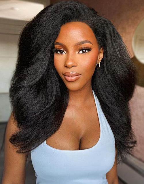 22" Kinky Wave Half Wig Human Hair Blow Out Style 1 Wig 3 Different Looks Flash Deal