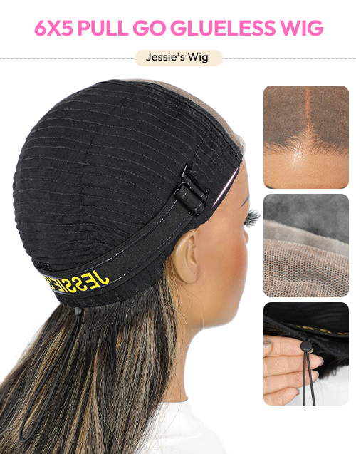 Technical cap construction chart of Jessie's Wig 6x5 Pull Go glueless wig. Showing the 100% fit C-shape edge, anti-slip elastic band, detailed HD lace pre-plucked hairline, and adjustable drawstring cord mechanism.