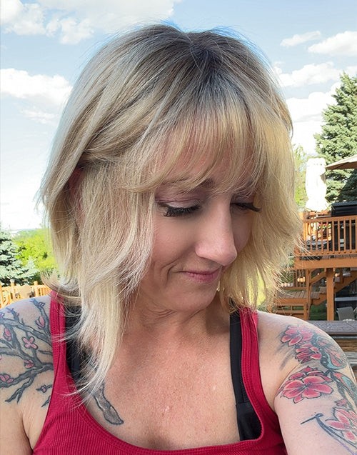 Lea-Minimalist Lace Human Hair Wig Ombre Ash Blonde Layered Bob Wig With Bangs