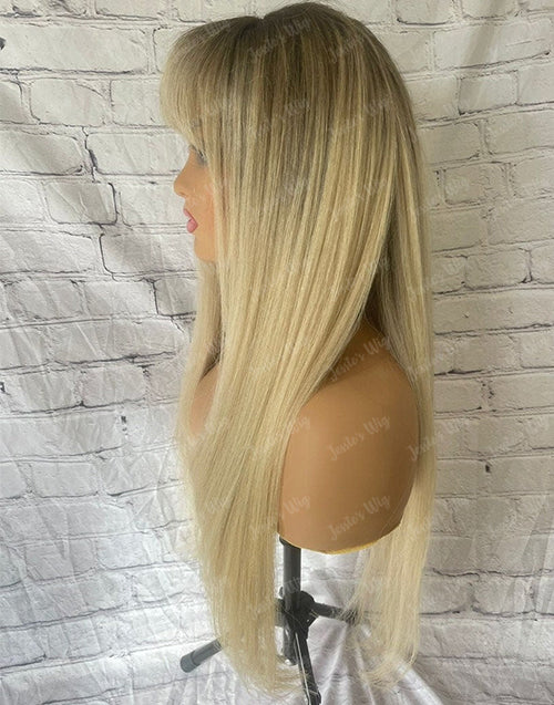 Elisa-Ash Blonde Light Golden Balayage Straight Full Lace Human Hair Layer Cut Wig With Fringe Bangs Highlights Wig