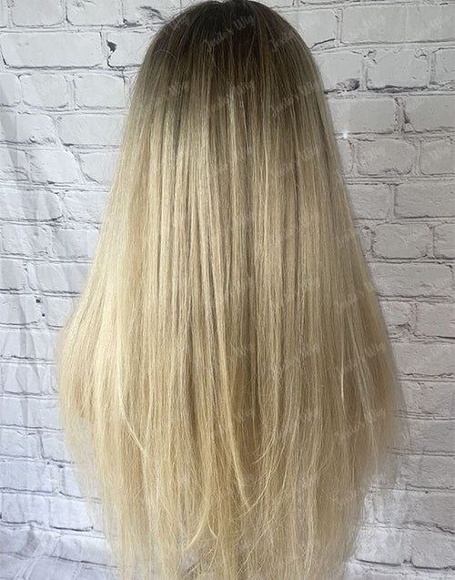 Elisa-Ash Blonde Light Golden Balayage Straight Full Lace Human Hair Layer Cut Wig With Fringe Bangs Highlights Wig