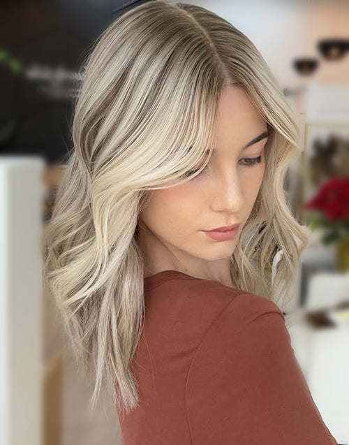 Kayra- Full & Bouncy Highlight Ombre Ash Blonde Wig With Dark Roots Short Wavy Bob Lace Front Wig