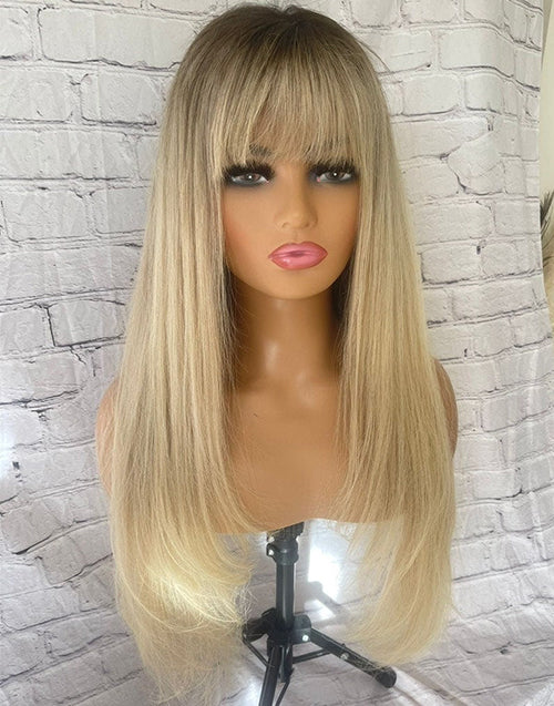 Elisa-Ash Blonde Light Golden Balayage Straight Full Lace Human Hair Layer Cut Wig With Fringe Bangs Highlights Wig