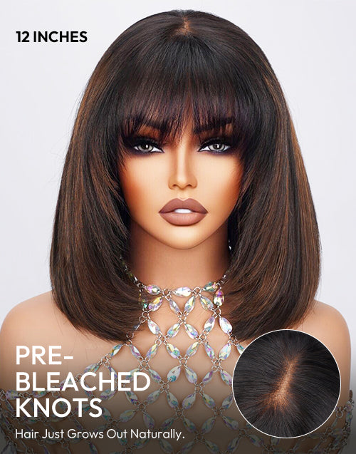 Pag- Glueless Pull Go Wig Brown Highlight Layered Haircut Silky Straight Bob With Bangs