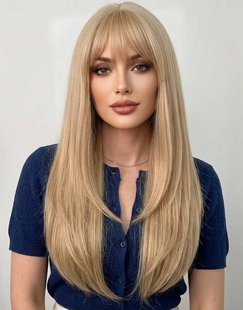 Melody- Minimalist Lace Beige Blonde Elegant Long Straight Layered Wig With Bangs For Women