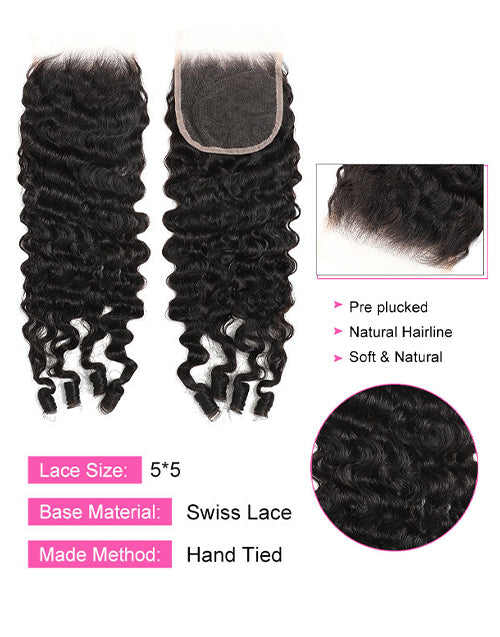 Burmese Curly 3/4 Bundles With 5x5 Lace Closure 100% Human Hair 10A Grade Natural Black