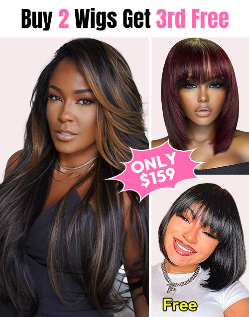 3 WIGS=$159|16" Highlight Brown Layer Wavy 7x5 Wig+10" 99J Layer Straight Bob 4x4 Wig With Bangs+10" Bob Straight Wig With Bangs Flash Deal