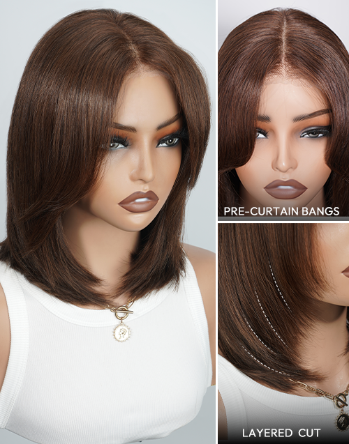 [Ready To Ship Only For US]Chloe- Brown Color Layered Bob Wig With Curtain Bangs 7x5 Pre Cut Lace