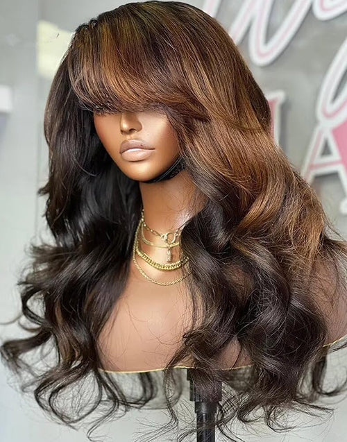 26" Chestnut Brown Ombre Highlight Wavy 13x4 Real HD Lace Front Wig With Side Bangs 200% Density Flash Deal