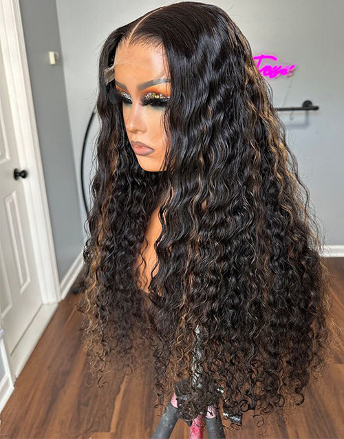 Highlights Brown With Black Hair Water Curl Lace Frontal Human Hair Glueless Wigs Pre Cut Lace