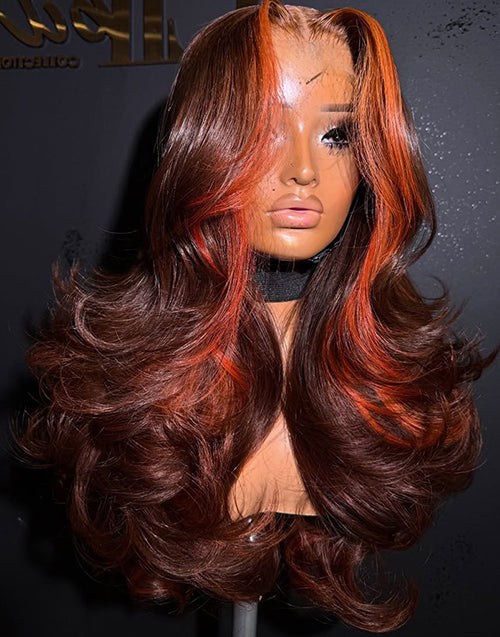 Aby- Full 250% Density Hightlight Wig With Ombre Brown And Orange Wavy Wig Pre Cut Lace