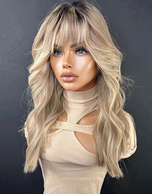 Cety-Custom Made Lovely Curtain Bang Highlights Warmth Blonde Dark Roots Natural Wave 13x6 Lace Front Glueless Wig Human Hair