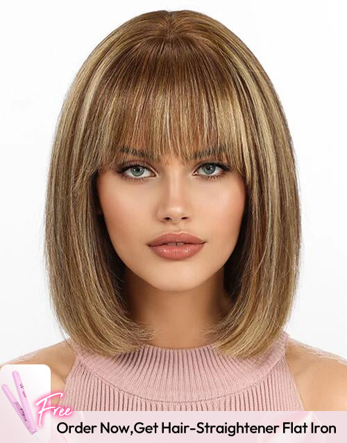 12" Ombre Ash Blonde Brown Bob Wig With Bangs 5x5 Lace Wig Flash Deal