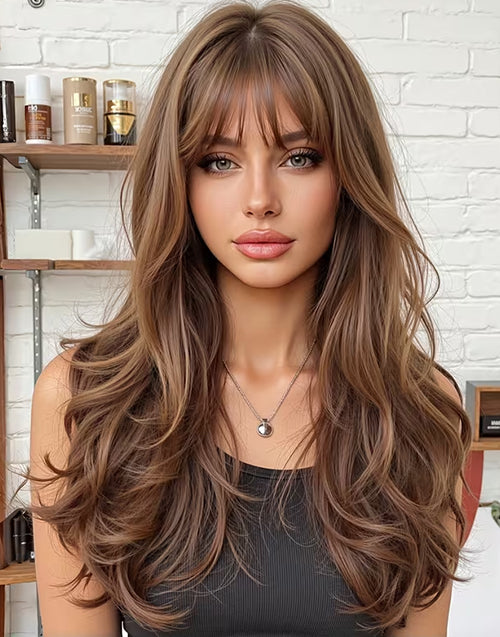 Sun- Minimalist Lace Dark Brown Wavy Layered Wig With Curtain Bangs For Women