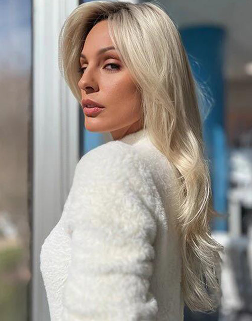 Joel- Platinum Blonde Highlight Layered Cut Wavy Wig With Curtain Bangs Dark Root 13x4 Lace Wigs For Women