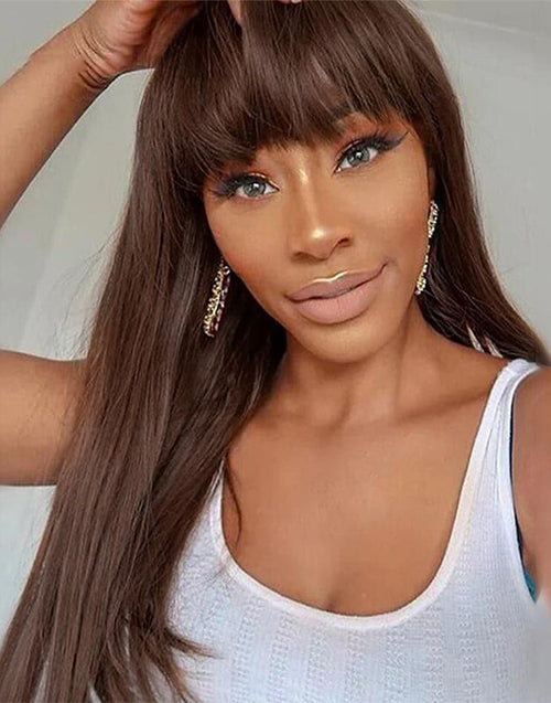 20"=18" Price Brown Straight Glueless Wig With Bangs 6x5 Pre Cut Lace Flash Deal