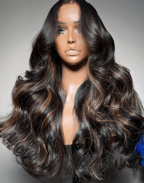 Clara- Brown Highlights Glueless Upgraded 13x5 Pre Cut Lace Frontal Body Wave Wig Black Roots Human Hair