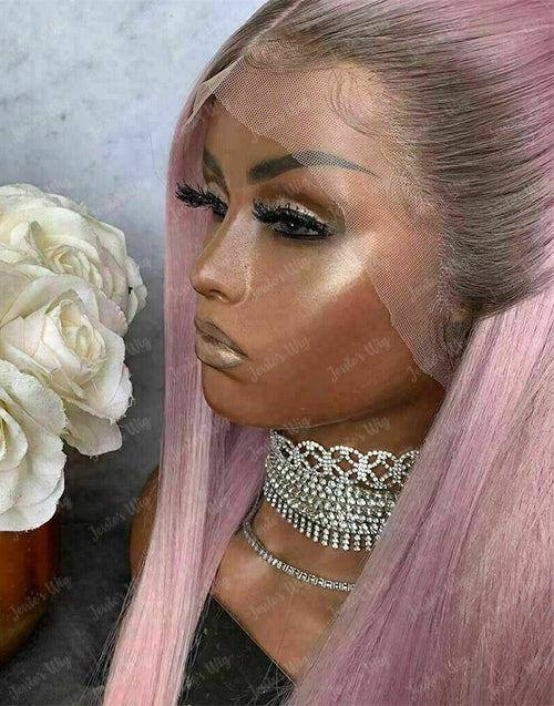 Belen-13x4 Ombre Light Pink Straight Lace Frontal Wig Pre plucked Glueless Human Hair Wig