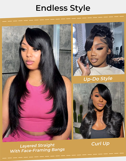 Layered Straight 13x5 Pre Cut Lace Wig With Sides Bangs Glueless Wig Human Hair