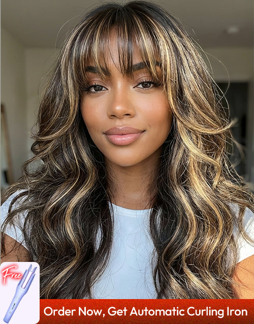 18" Piano Honey With Black Body Wave Pre Cut 7x5 Lace Wig With Bangs Flash Deal