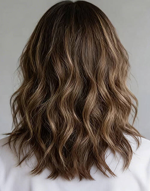 Rosie- Highlight Mocha Brown Wavy True-Hold Glueless Wig With Bangs 13x4 Lace Front Wig Mid Length For Women