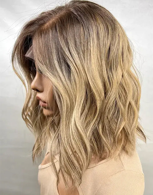 Casey-Ombre Blonde With Brown Root Short Wavy Bob Wig Raw Human Hair 13x4 Lace Top Jewish Wigs For Women