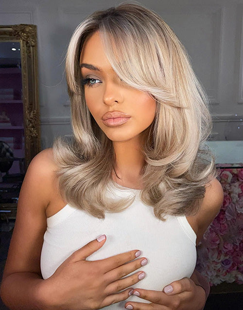 Lyra-Curtain Bangs Highlight Blonde Wavy Bob 13x4 Lace Front Wig With Dark Roots Glueless Wig For Women