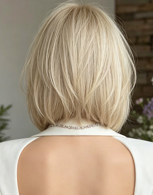 Dalas- Shag Cuts Golden Platinum Straight Slight Layered Bob Wig With Curtain Bangs For Women