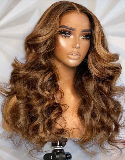Flora- Piano Brown Highlights Big Loose Curl 13x4 Frontal Preplucked Human Hair Wig