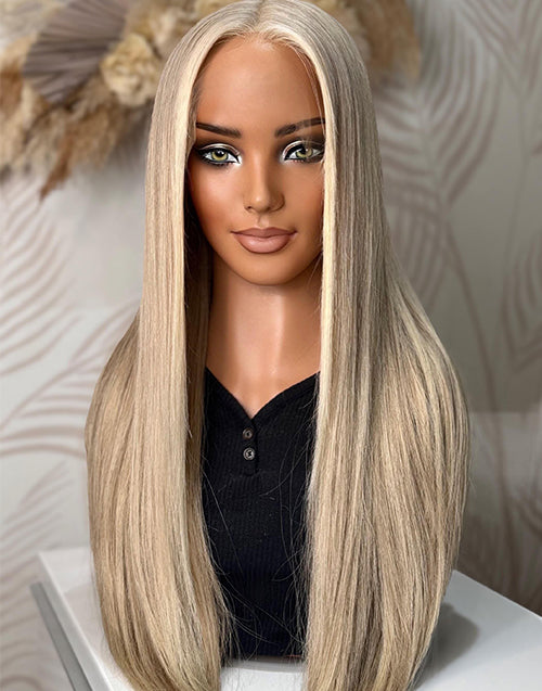 Kola- Ashy Dark Blonde With Platinum Blonde Balayage Straight Lace Front Wig