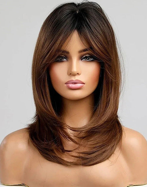 Hilda- Smart-Fit Pull Go Glueless Ombre Chestnut Brown Mid Length Wig Curtain Bangs Layered Cut Straight 13x5 Pre Cut Lace Front Wigs With Black Roots