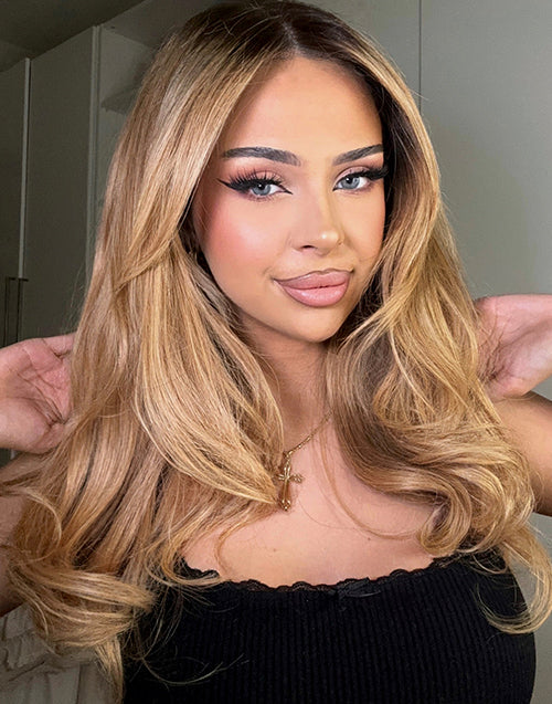 Soya- Influencer Same Ombre Honey Blonde With Dark Brown Color Layered Wavy Pull Go Wig 7x5 Glueless Wig