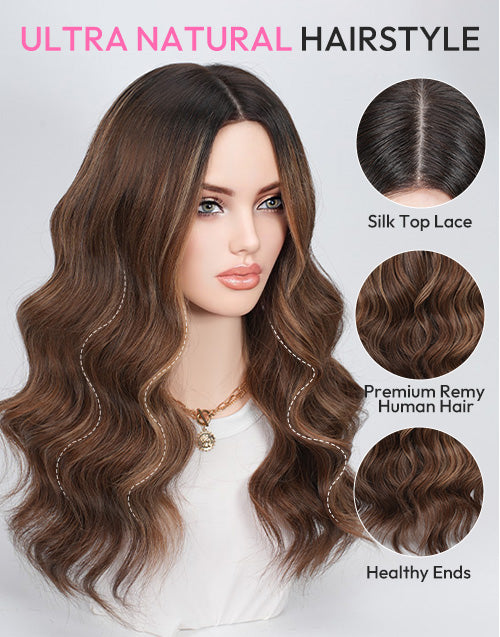Krita- Unique Design 5.5x4 Silk Base Lace Top Wig Customized Ombre Highlight Brown Wavy 6x5.5 Lace Wig