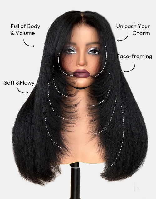 Valencia- Pull Go Glueless Wig Layer Cut Kinky Straight Human Hair Wig Pre Cut Lace