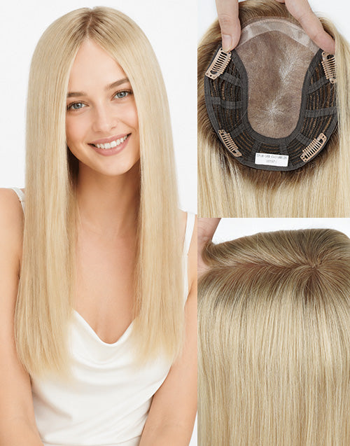 Blonde human hair topper showcase featuring model wearing effect, fine mono base construction with clips, and realistic scalp parting detail.