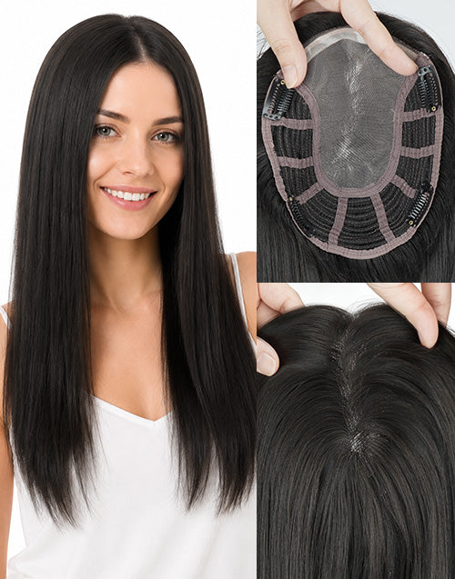 Model wearing a 7x6 fine mono human hair topper with detail shots