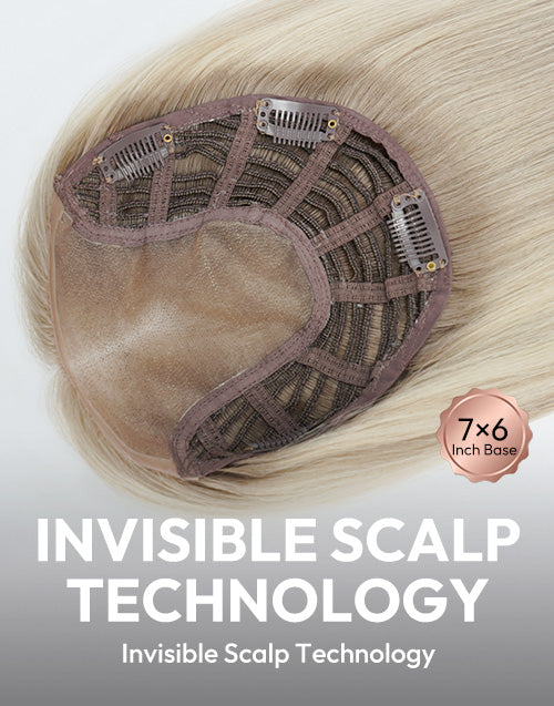 Inside view of blonde human hair topper cap featuring a 7x6 inch base with invisible scalp technology and secure pressure-sensitive clips.