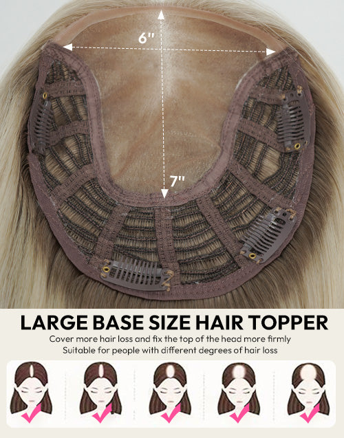 Cap dimensions of a 7x6 inch large base blonde human hair topper showing 6" width by 7" length measurements and suitability for different hair loss stages.