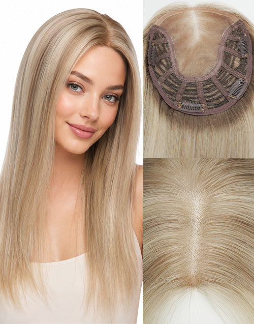 Highlight blonde lace front hair topper showcase featuring model wearing effect, breathable base cap with clips, and seamless hairline detail.