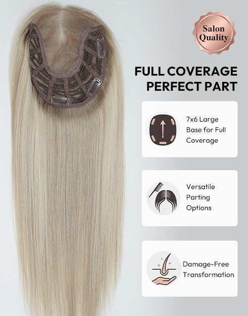 Salon quality blonde human hair topper featuring a 7x6 large base for full coverage, versatile parting options, and damage-free clip-in attachment.