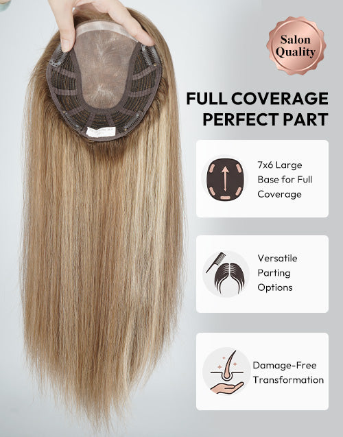 #8R-12 7"x6" Hair Topper Clip In Extensions For Thinning Hair Natural Look Full Coverage Fine Mono Wefted Human Hair