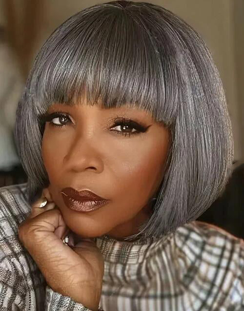 Maol- Salt And Pepper Highlights Grey Straight Bob Wig With Bangs Full Machine Silver Grey Wig