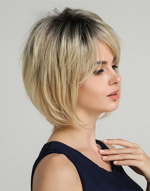 Worldwide Dispatch 3-7 Days|Eova-Ombre Blonde Straight Wig With Curtain Bangs Dark Roots Minimalist Lace