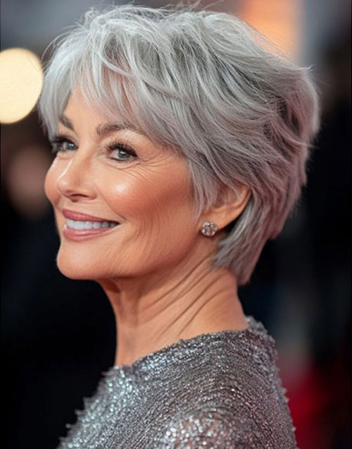 Older Ladies Pixie Cut Grey Human Hair Wigs