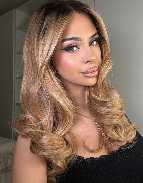 Soya- Influencer Same Ombre Honey Blonde With Dark Brown Color Layered Wavy Pull Go Wig 7x5 Glueless Wig
