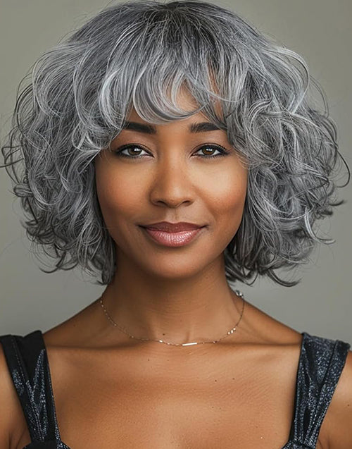 Yoselin- Salt And Pepper Wig Short Natural Wave Bob Glueless Wig With Bangs For Women