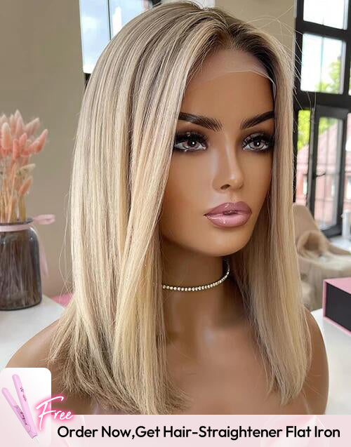 14" Ombre Ash Blonde Straight 5.5x5.5 Lace Bob Wig Glueless Wig Flash Deal